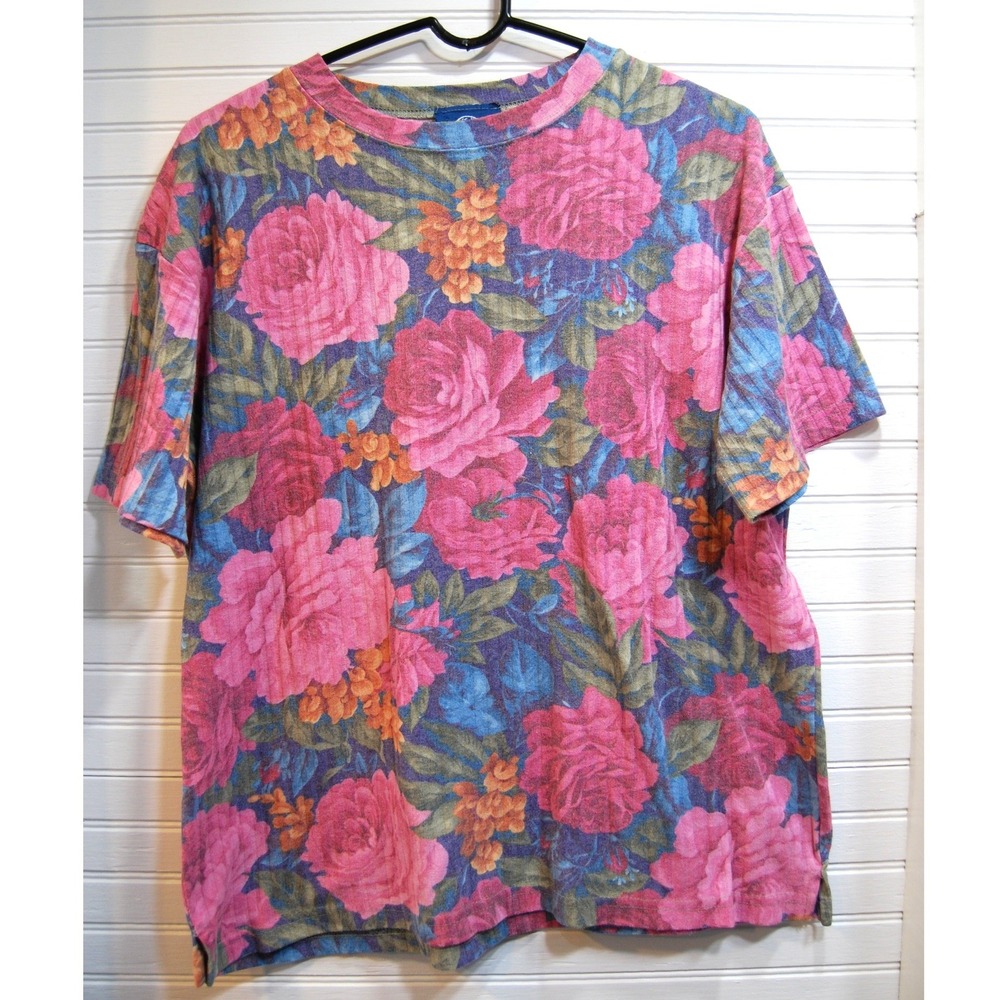 Women's Vintage Jordache t-shirt Size Large Pink Floral Striped 80s Top